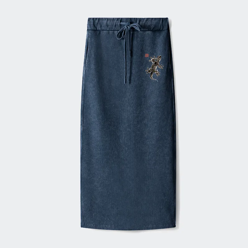 Tokyo-Tiger Minimal Asian Ink Brush Gecko Vibe Washed Terry Skirt