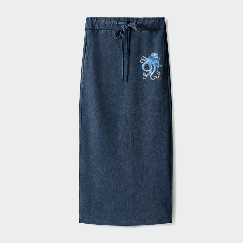 Tokyo-Tiger Watercolor Blue Octopus Washed Terry Skirt
