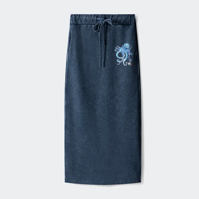 Tokyo-Tiger Watercolor Blue Octopus Washed Terry Skirt Sale
