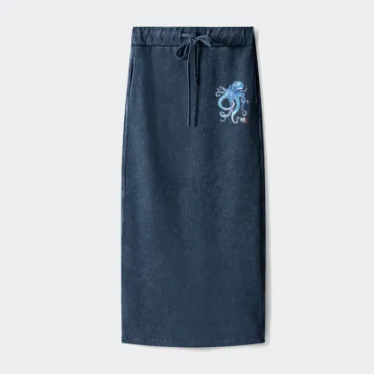 Tokyo-Tiger Watercolor Blue Octopus Washed Terry Skirt