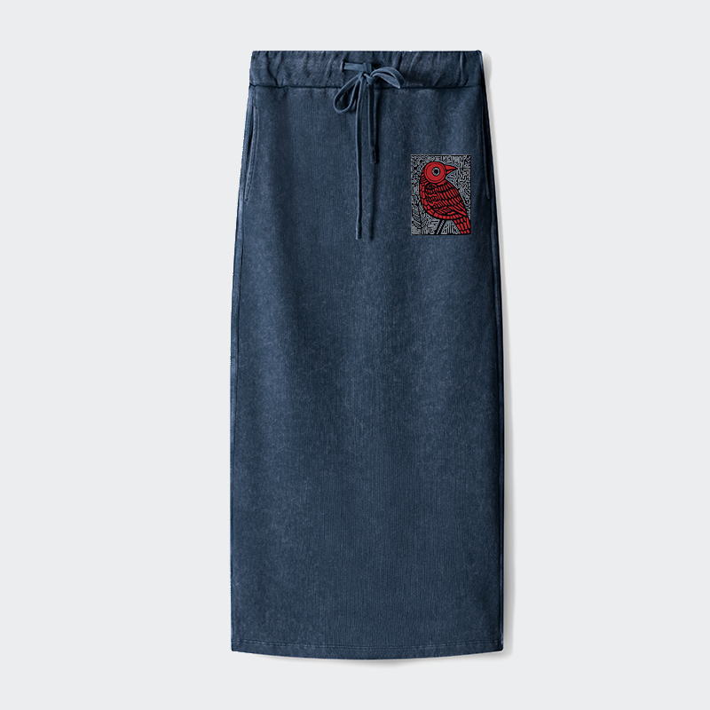 Tokyo-Tiger Retro Woodblock Bird Washed Terry Skirt