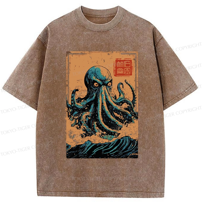 Tokyo-Tiger The Great Wave Off Octopus Washed T-Shirt