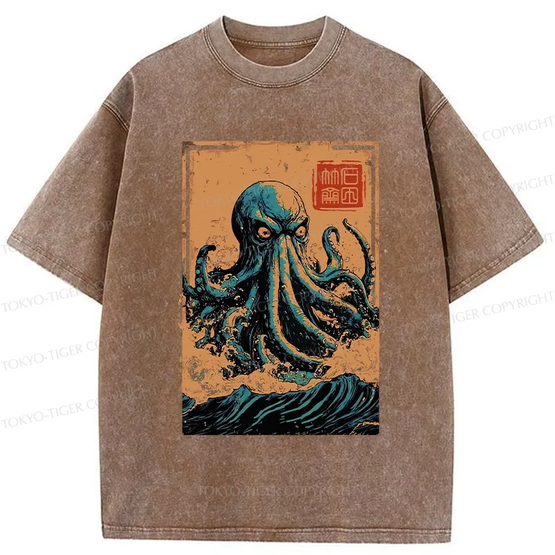 Tokyo-Tiger The Great Wave Off Octopus Washed T-Shirt Sale