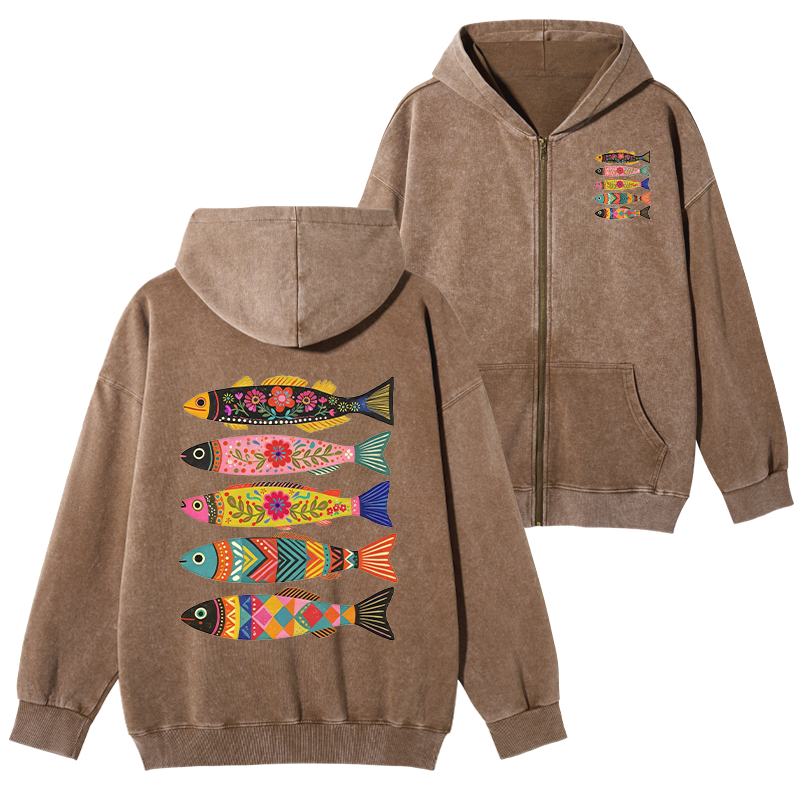 Tokyo-Tiger Colorful Patterned Fish Washed Zip Hoodie