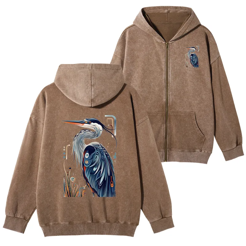 Tokyo-Tiger Stylish Blue Heron Washed Zip Hoodie