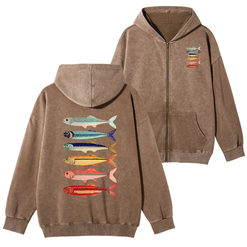 Tokyo-Tiger Colorful Fish Stack Washed Zip Hoodie