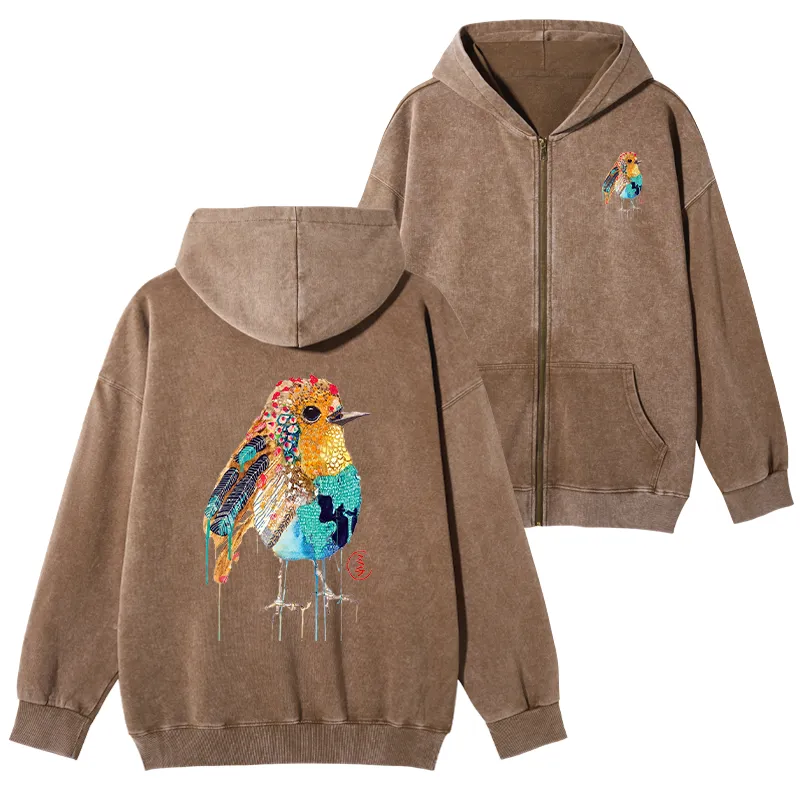 Tokyo-Tiger Sparkly Wild Bird Washed Zip Hoodie