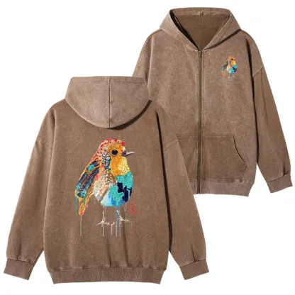Tokyo-Tiger Sparkly Wild Bird Washed Zip Hoodie
