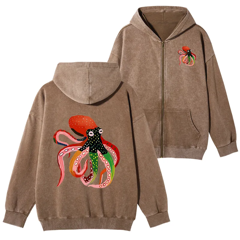 Tokyo-Tiger Colorful Octopus Art Washed Zip Hoodie Sale