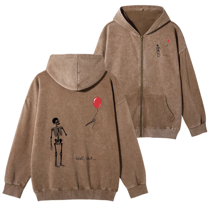 Tokyo-Tiger Skeleton Balloon Meme Washed Zip Hoodie