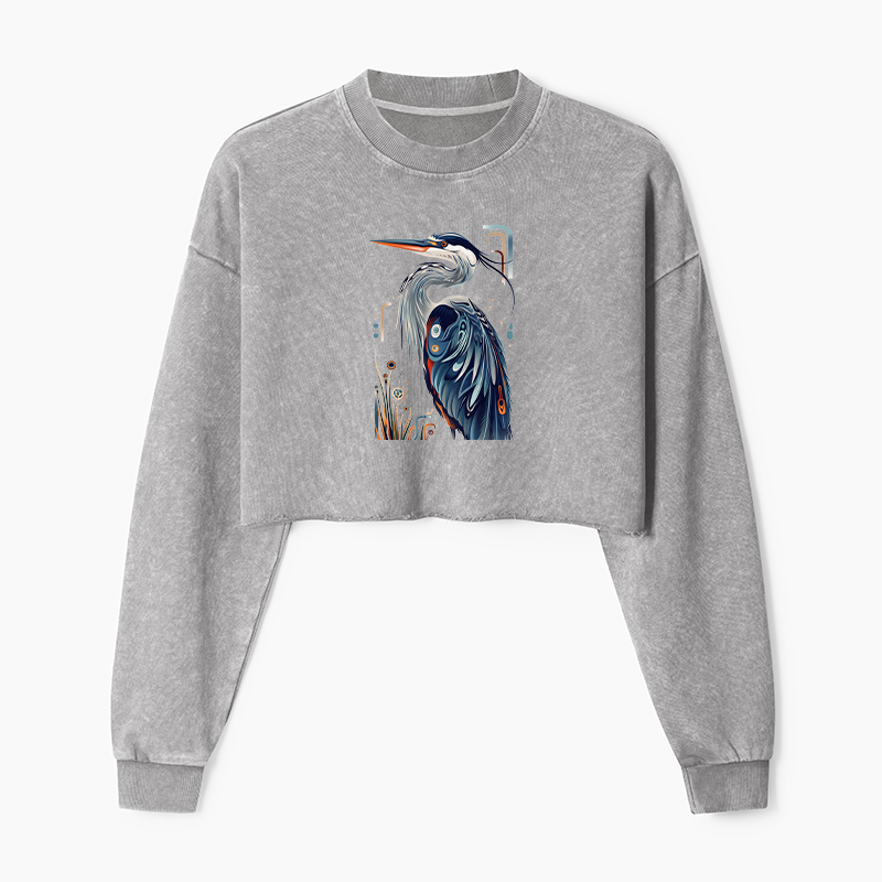 Tokyo-Tiger Stylish Blue Heron Washed Crop Sweatshirt