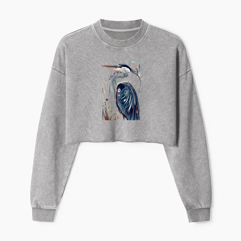 Tokyo-Tiger Stylish Blue Heron Washed Crop Sweatshirt Sale
