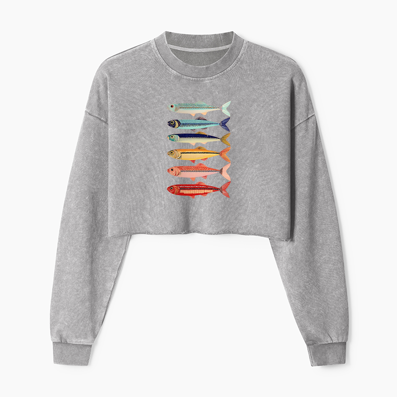 Tokyo-Tiger Colorful Fish Stack Washed Crop Sweatshirt