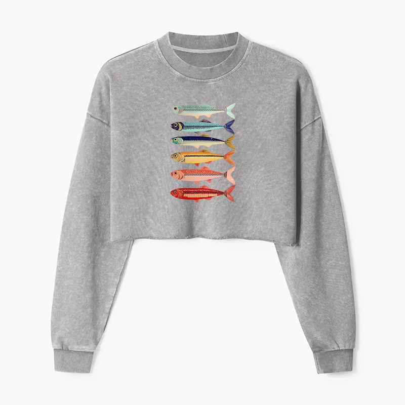 Tokyo-Tiger Colorful Fish Stack Washed Crop Sweatshirt