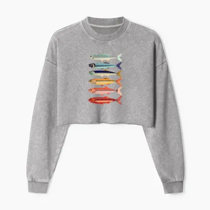 Tokyo-Tiger Colorful Fish Stack Washed Crop Sweatshirt