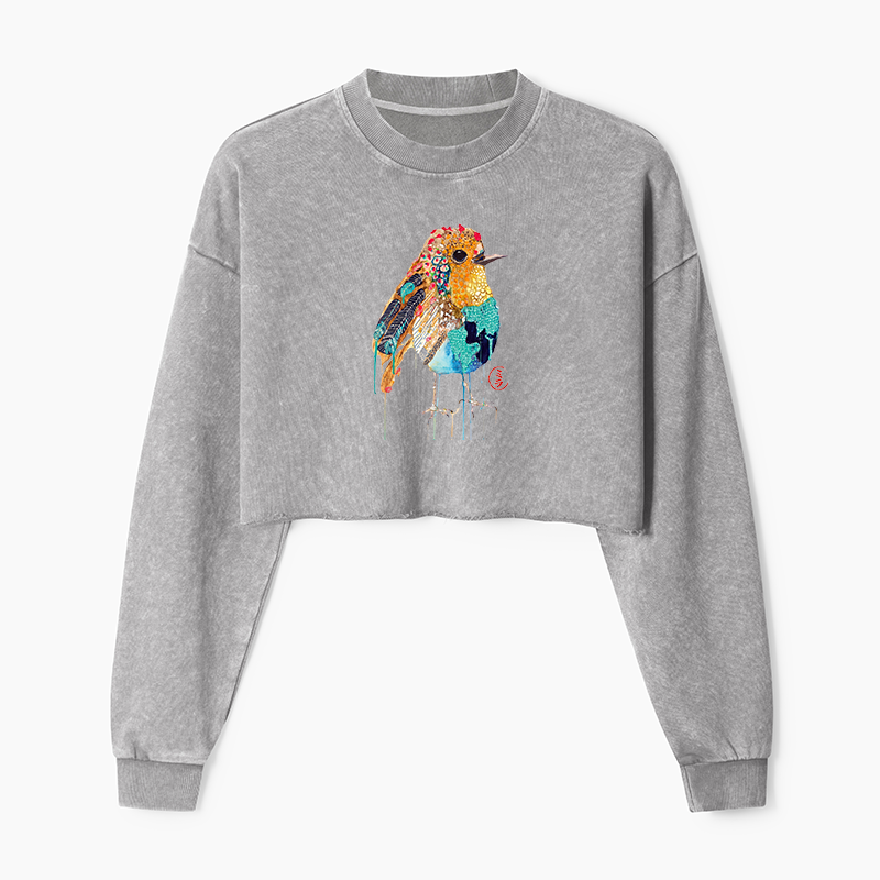 Tokyo-Tiger Sparkly Wild Bird Washed Crop Sweatshirt