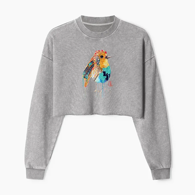 Tokyo-Tiger Sparkly Wild Bird Washed Crop Sweatshirt