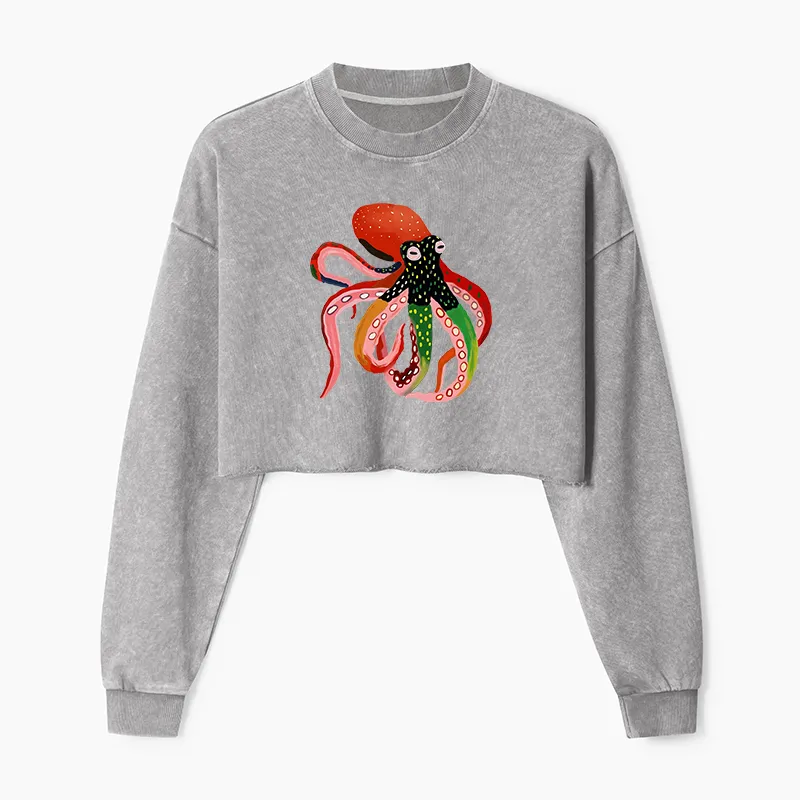 Tokyo-Tiger Colorful Octopus Art Washed Crop Sweatshirt