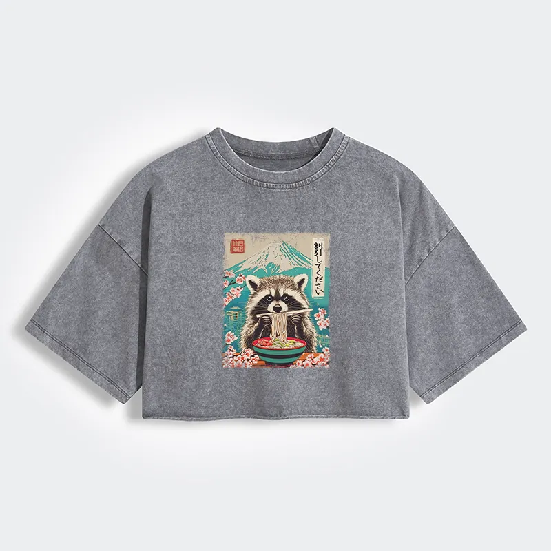 Tokyo-Tiger Please Give Raccoon A Discount Women's Washed Crop T-Shirt