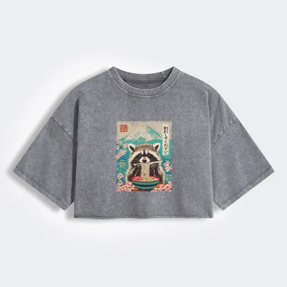 Tokyo-Tiger Please Give Raccoon A Discount Women's Washed Crop T-Shirt