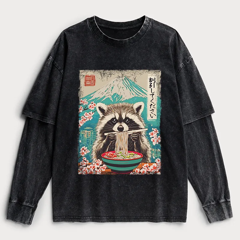Tokyo-Tiger Please Give Raccoon A Discount Washed Double Layer T-Shirt
