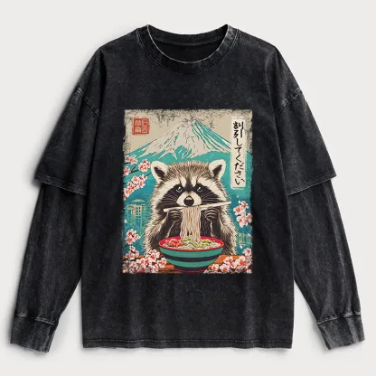 Tokyo-Tiger Please Give Raccoon A Discount Washed Double Layer T-Shirt
