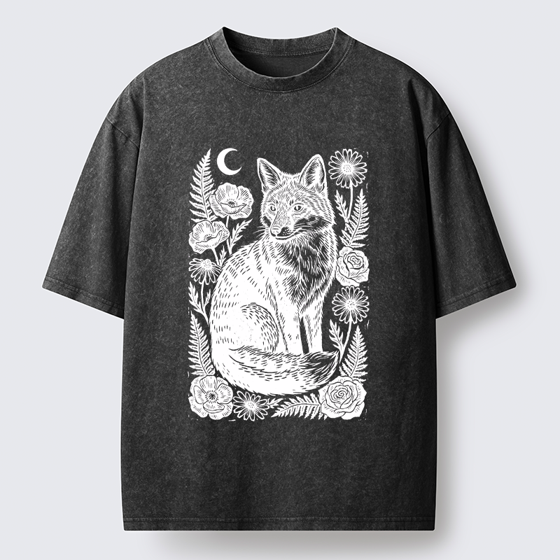 Tokyo‑Tiger Wild Fox Floral Vibe Washed T‑Shirt