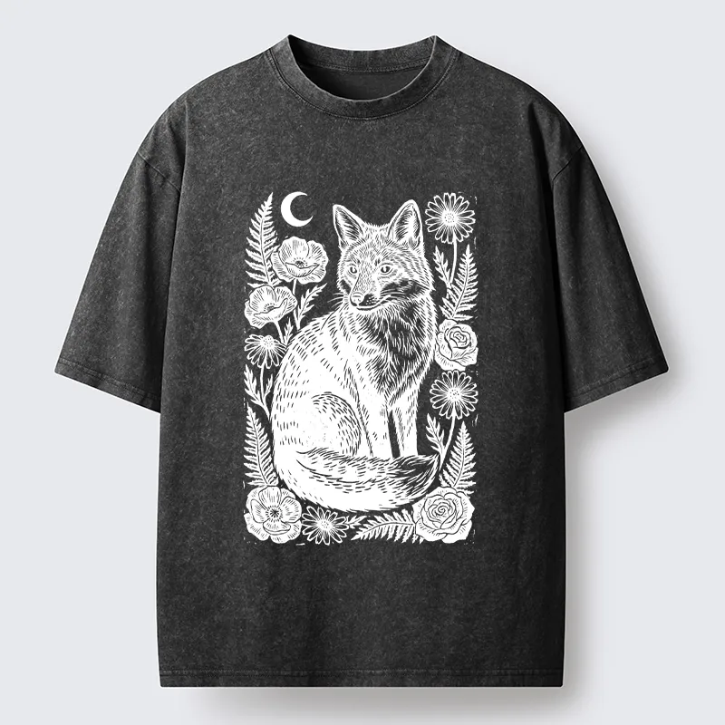 Tokyo‑Tiger Wild Fox Floral Vibe Washed T‑Shirt