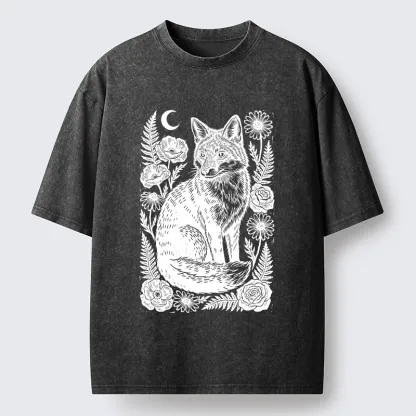 Tokyo‑Tiger Wild Fox Floral Vibe Washed T‑Shirt