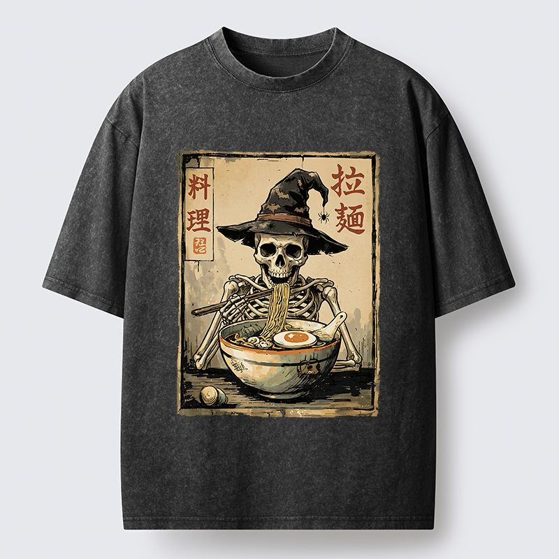 Tokyo‑Tiger Skeleton Ramen Meme Washed T‑Shirt