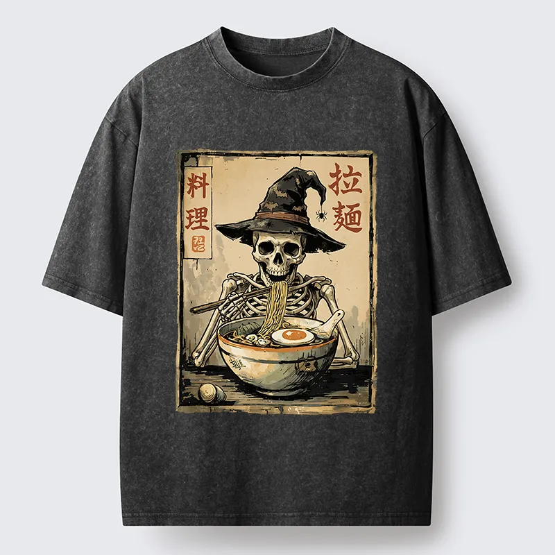 Tokyo‑Tiger Skeleton Ramen Meme Washed T‑Shirt
