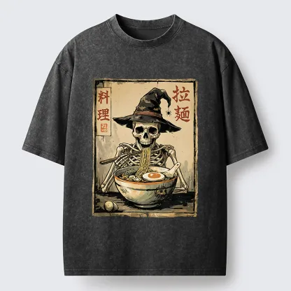 Tokyo‑Tiger Skeleton Ramen Meme Washed T‑Shirt