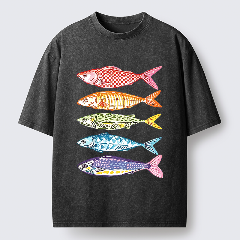 Tokyo‑Tiger Colorful Multi Pattern Fish Washed T‑Shirt