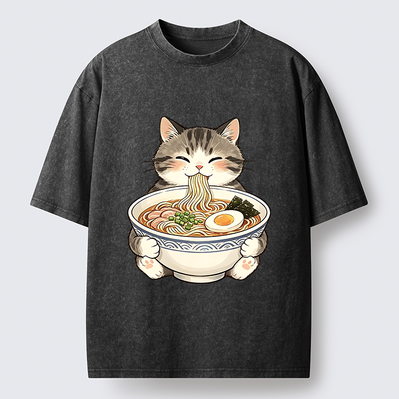 Tokyo‑Tiger Funny Cat Ramen Meme Washed T‑Shirt