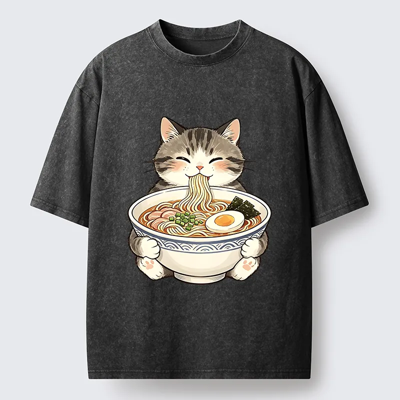 Tokyo‑Tiger Funny Cat Ramen Meme Washed T‑Shirt