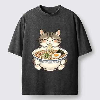 Tokyo‑Tiger Funny Cat Ramen Meme Washed T‑Shirt
