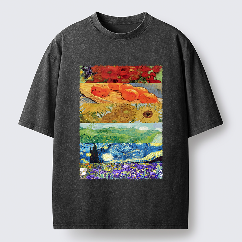Tokyo‑Tiger Van Gogh Floral Scene Art Washed T‑Shirt