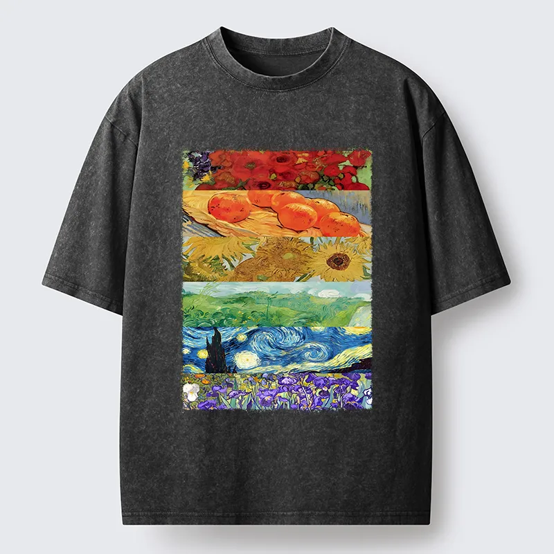 Tokyo‑Tiger Van Gogh Floral Scene Art Washed T‑Shirt