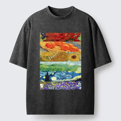 Tokyo‑Tiger Van Gogh Floral Scene Art Washed T‑Shirt