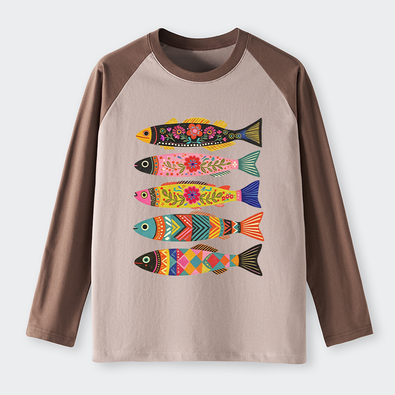 Tokyo-Tiger Colorful Patterned Fish Raglan Long Sleeve T-shirt