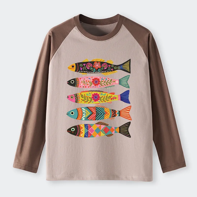 Tokyo-Tiger Colorful Patterned Fish Raglan Long Sleeve T-shirt