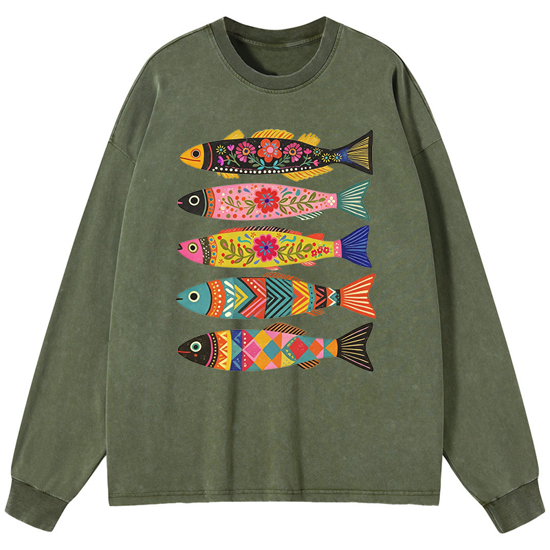 Tokyo-Tiger Colorful Patterned Fish Washed Long Sleeve T-Shirt