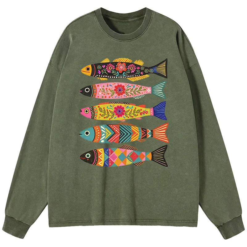 Tokyo-Tiger Colorful Patterned Fish Washed Long Sleeve T-Shirt