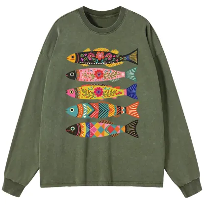 Tokyo-Tiger Colorful Patterned Fish Washed Long Sleeve T-Shirt