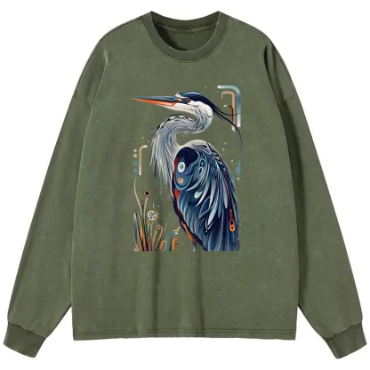 Tokyo-Tiger Stylish Blue Heron Washed Long Sleeve T-Shirt