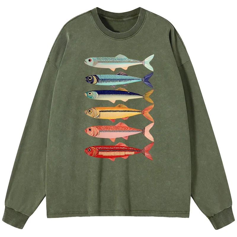 Tokyo-Tiger Colorful Fish Stack Washed Long Sleeve T-Shirt