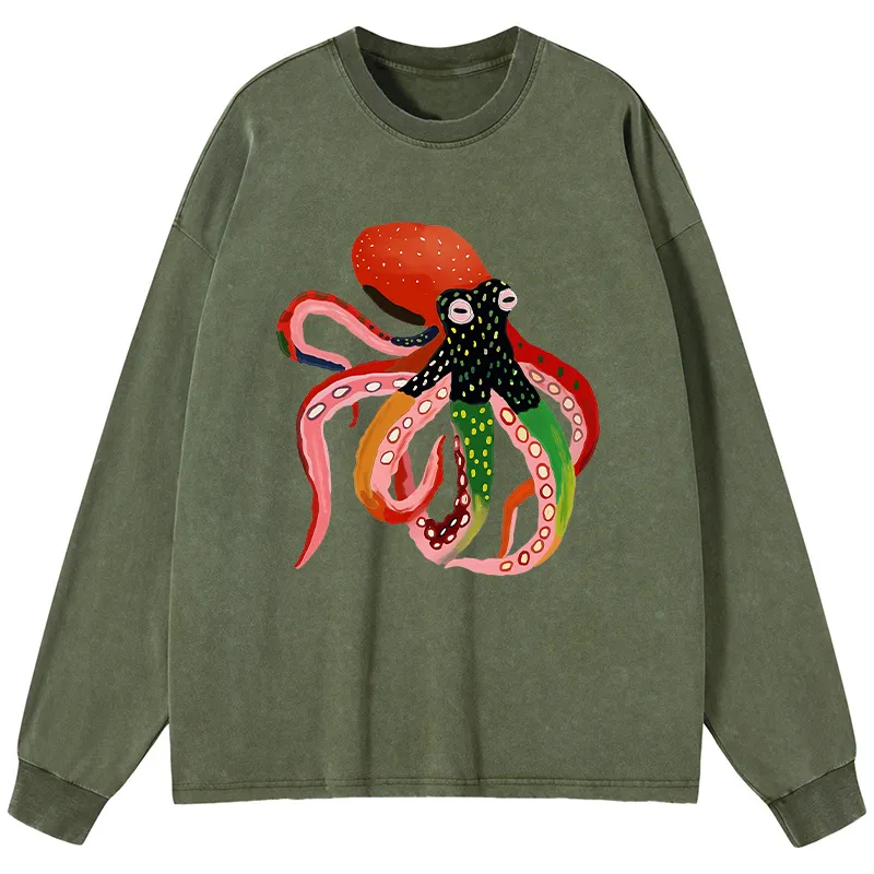 Tokyo-Tiger Colorful Octopus Art Washed Long Sleeve T-Shirt