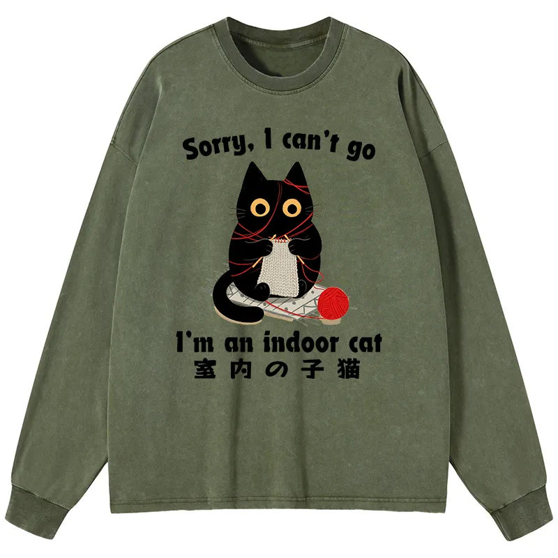 Tokyo-Tiger Indoor Cat Meme Washed Long Sleeve T-Shirt