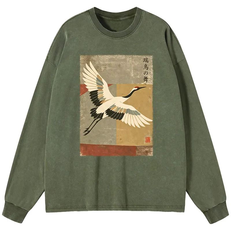 Tokyo-Tiger Crane Spirit Washed Long Sleeve T-Shirt
