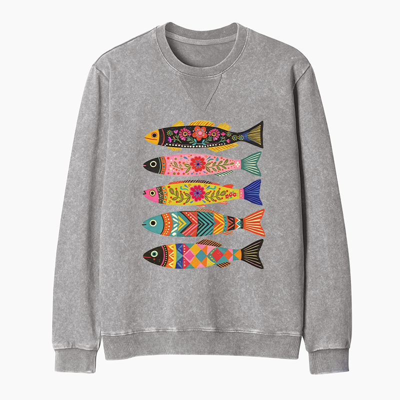 Tokyo-Tiger Colorful Patterned Fish Washed Terry Sweatshirt